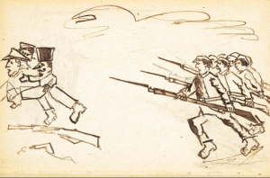 Drawing depicting Red Army cadres ousting capitalists and other enemies of the Russian Revolution, from a handmade Yiddish book produced in a Jewish orphanage in Bershad (now Bershad’, Ukr.), 1924. (YIVO)